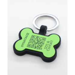 Swiss silicone dog tag with emergency contacts and health information.
