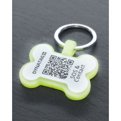 Medaglietta per cane a forma di osso in silicone fluorescente con codice QR e incisione laser