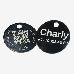 Médaille ronde pour animal en aluminium avec code QR et gravure laser