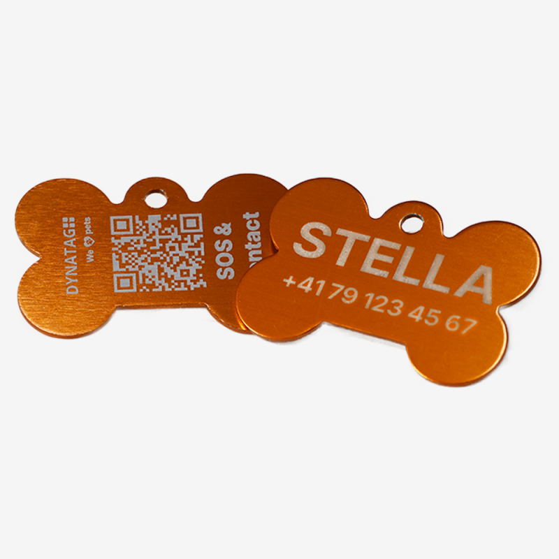 SOS Tiermarke Knochen aus Aluminium mit QR-Code und Gravur