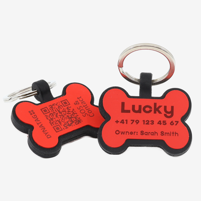 Silicone bone-shaped dog tag with QR code and laser engraving