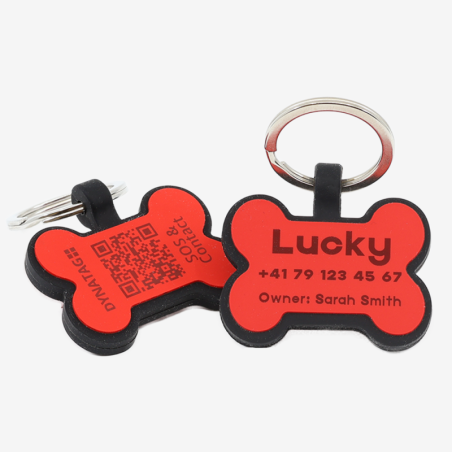 Médaille pour chien en forme d’os en silicone avec code QR et gravure laser