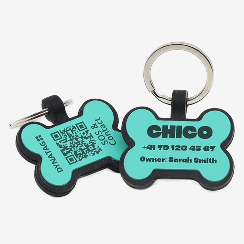 Silicone bone-shaped dog tag with QR code and laser engraving