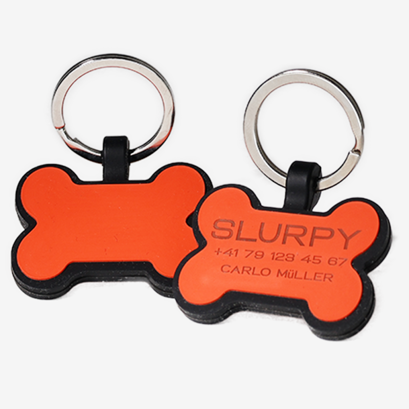 Chapa para cão em forma de osso de silicone com gravação a laser