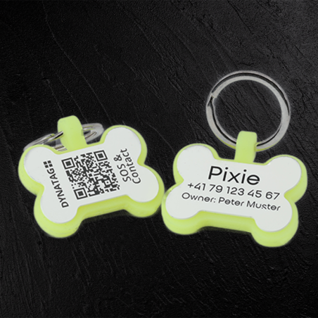 Médaille pour chien en forme d’os en silicone fluorescent avec code QR et gravure laser