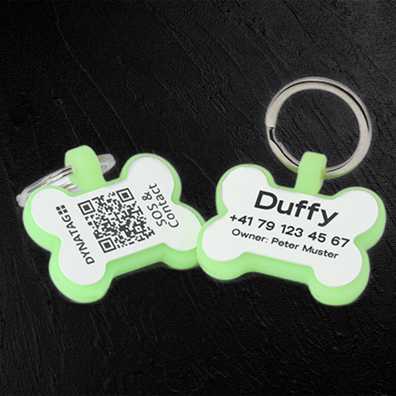 Médaille pour chien en forme d’os en silicone fluorescent avec code QR et gravure laser