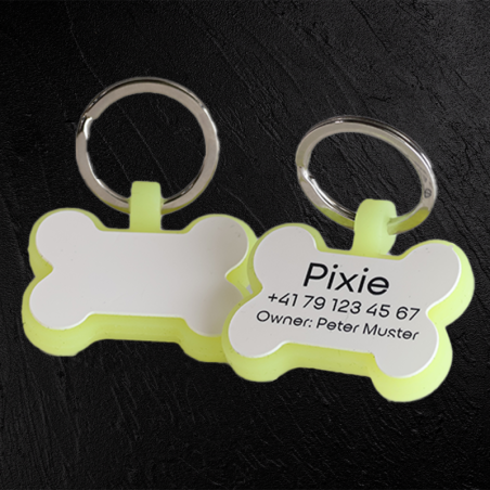 Médaille pour chien en forme d’os en silicone fluorescent avec gravure laser
