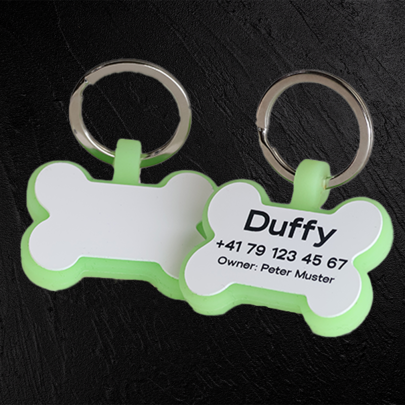 Fluorescent silicone bone-shaped dog tag with laser engraving