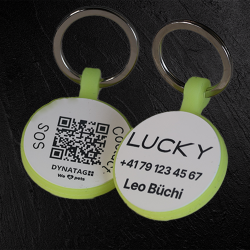 Ronde dierenpenning van fluorescerende siliconen met QR-code en lasergravure