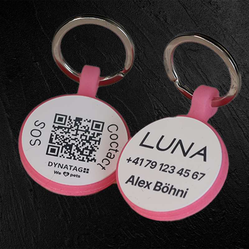 Chapa redonda para animal de silicone fluorescente com código QR e gravação a laser