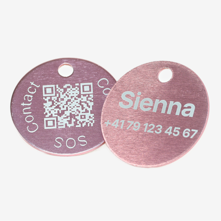 Runde Tiermarke aus Aluminium mit QR-Code und Lasergravur