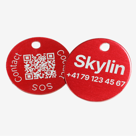 Runde Tiermarke aus Aluminium mit QR-Code und Lasergravur