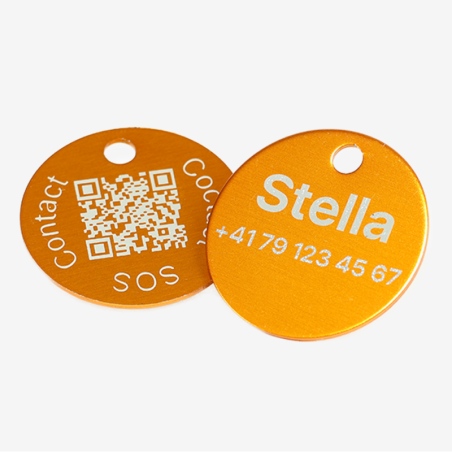 Runde Tiermarke aus Aluminium mit QR-Code und Lasergravur