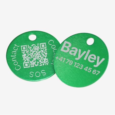 Runde Tiermarke aus Aluminium mit QR-Code und Lasergravur