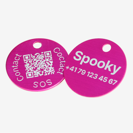 Runde Tiermarke aus Aluminium mit QR-Code und Lasergravur
