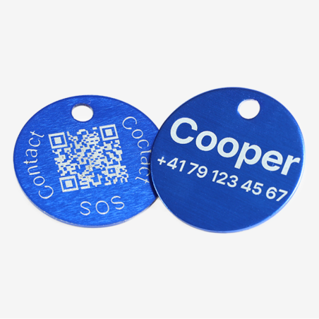 Runde Tiermarke aus Aluminium mit QR-Code und Lasergravur