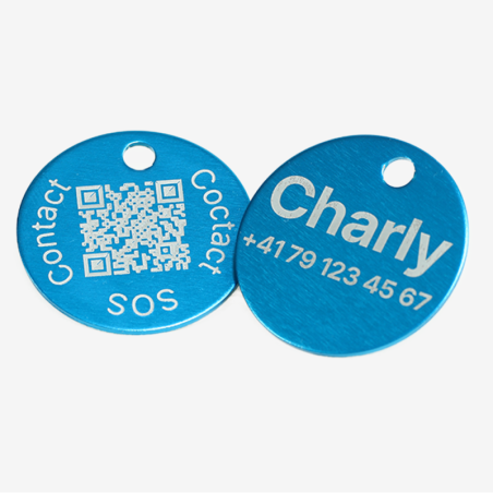Runde Tiermarke aus Aluminium mit QR-Code und Lasergravur