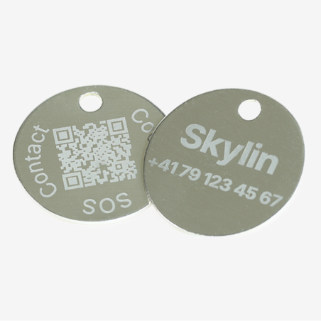 Runde Tiermarke aus Aluminium mit QR-Code und Lasergravur