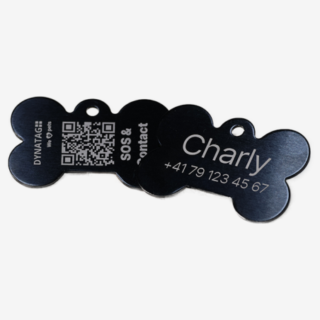 SOS Tiermarke Knochen aus Aluminium mit QR-Code und Gravur