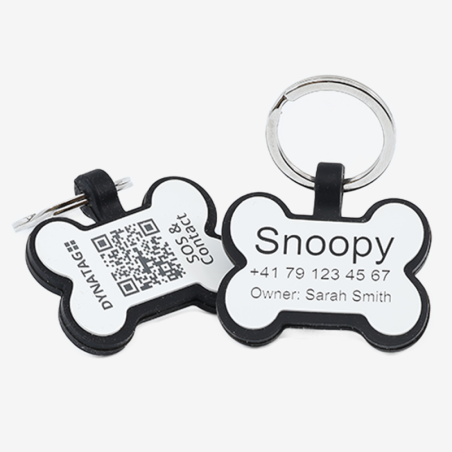 Chapa para cão em forma de osso de silicone com código QR e gravação a laser