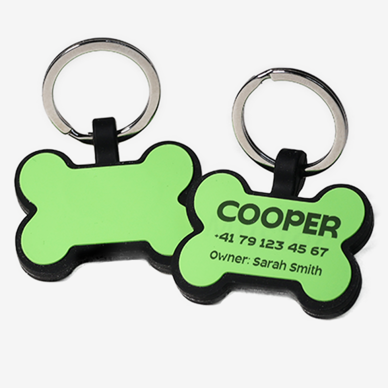 Médaille pour chien en forme d’os en silicone avec gravure laser