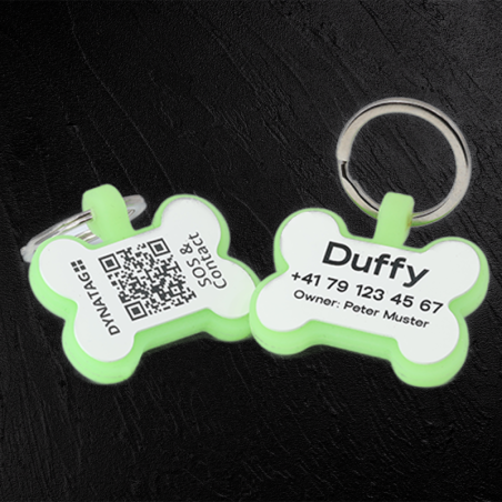 Chapa para cão em forma de osso de silicone fluorescente com código QR e gravação a laser