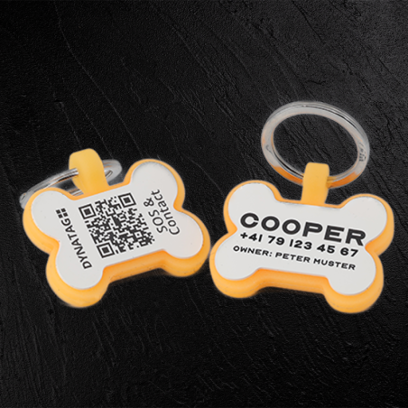 Chapa para cão em forma de osso de silicone fluorescente com código QR e gravação a laser