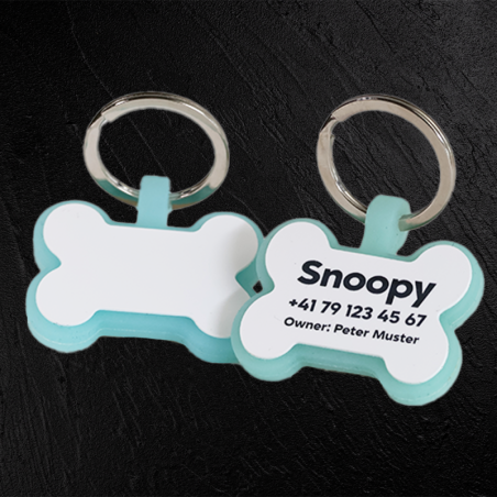 Chapa para cão em forma de osso de silicone fluorescente com gravação a laser
