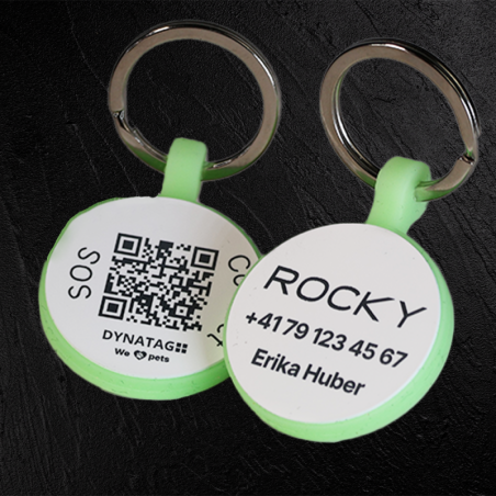 Runde Tiermarke aus fluoreszierendem Silikon mit QR-Code und Lasergravur