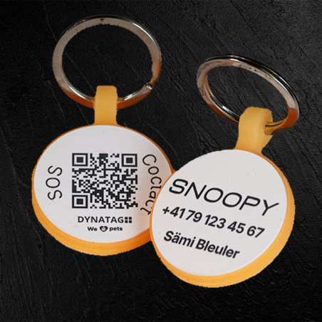 Runde Tiermarke aus fluoreszierendem Silikon mit QR-Code und Lasergravur
