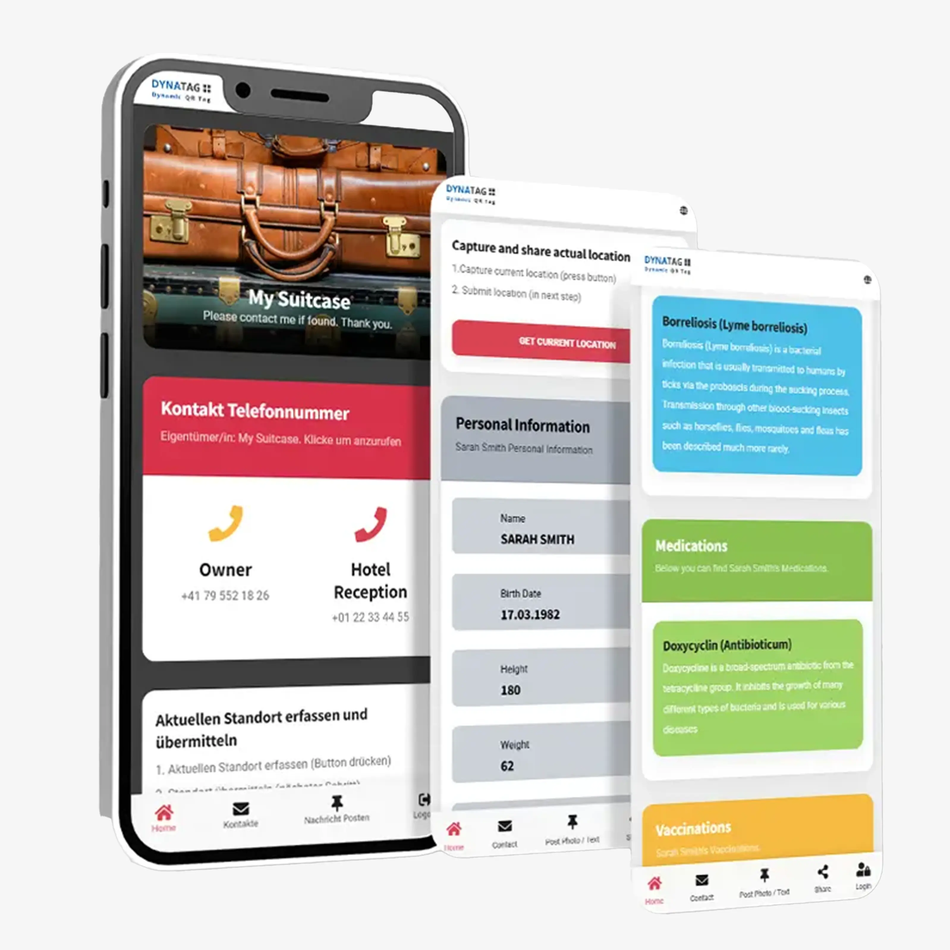 Digitale Gepäckansicht mit Kontaktdaten, Standort und Nachrichten