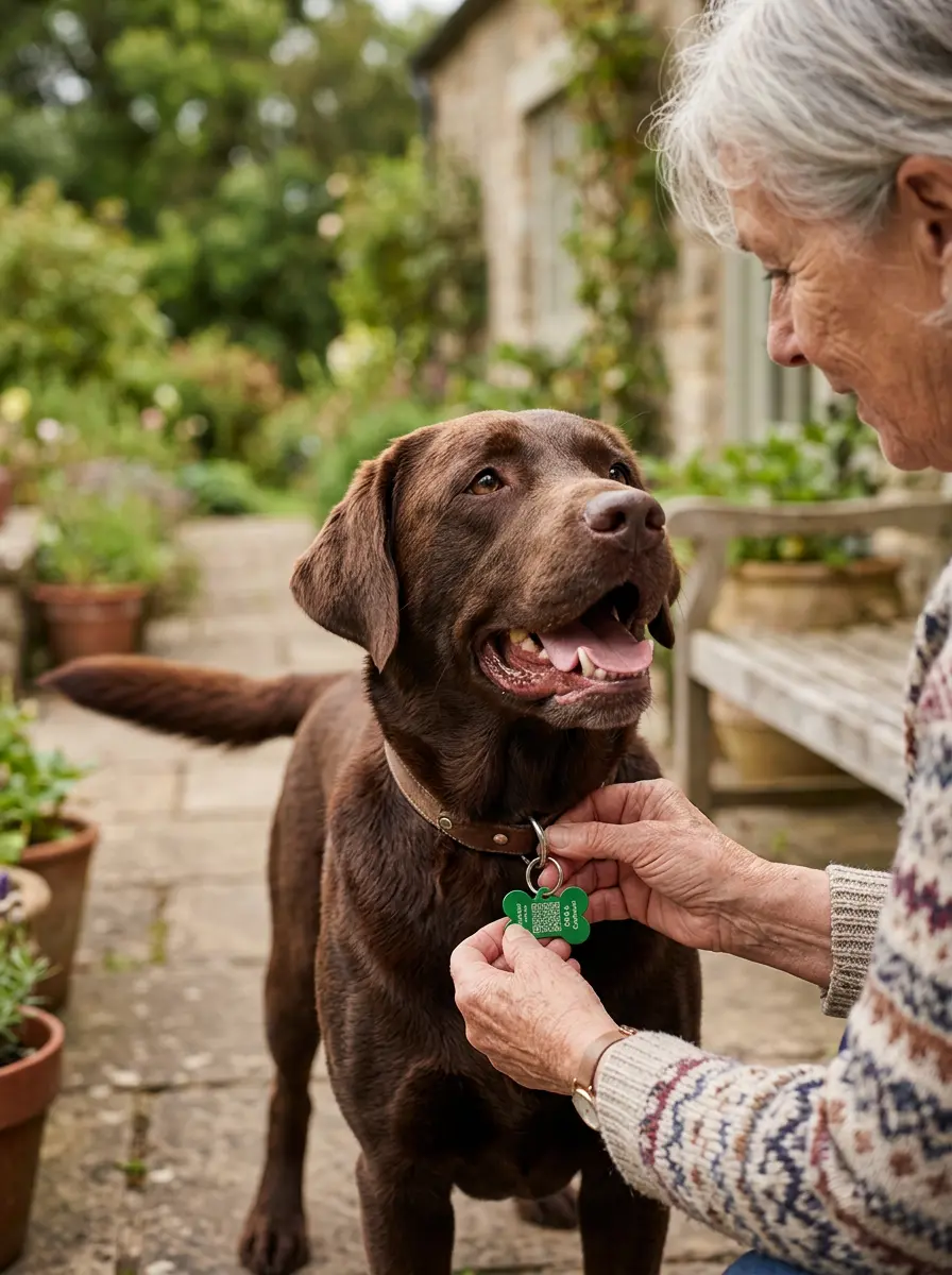 Befestigung der Aluminium-Hundemarke mit QR-Code am Halsband