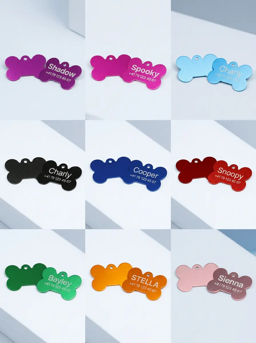Hundemarke in Knochenform aus Aluminium mit individueller Lasergravur