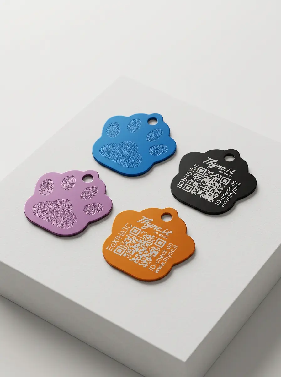 Paw-shaped aluminium pet tag with QR code