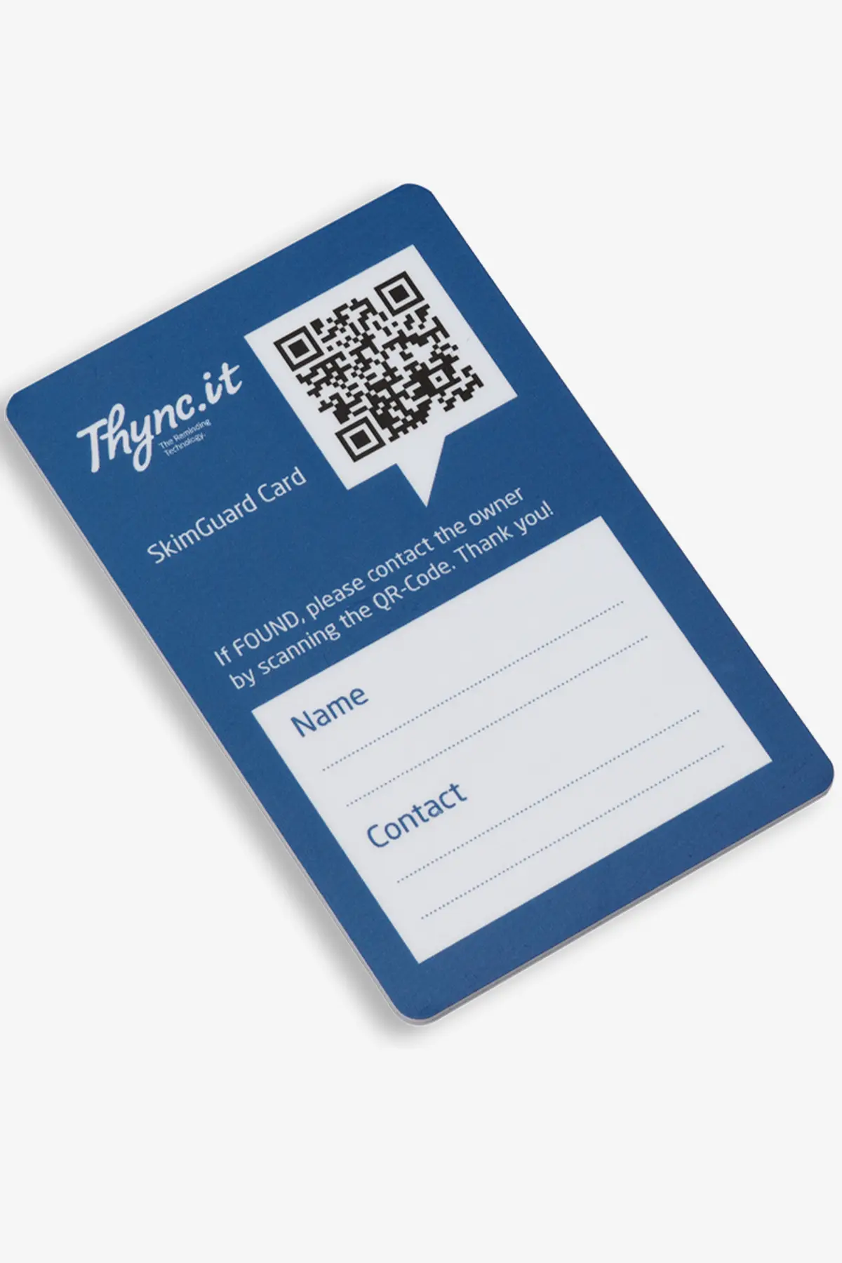 Back of the SkimGuard SOS card with QR code and writing field