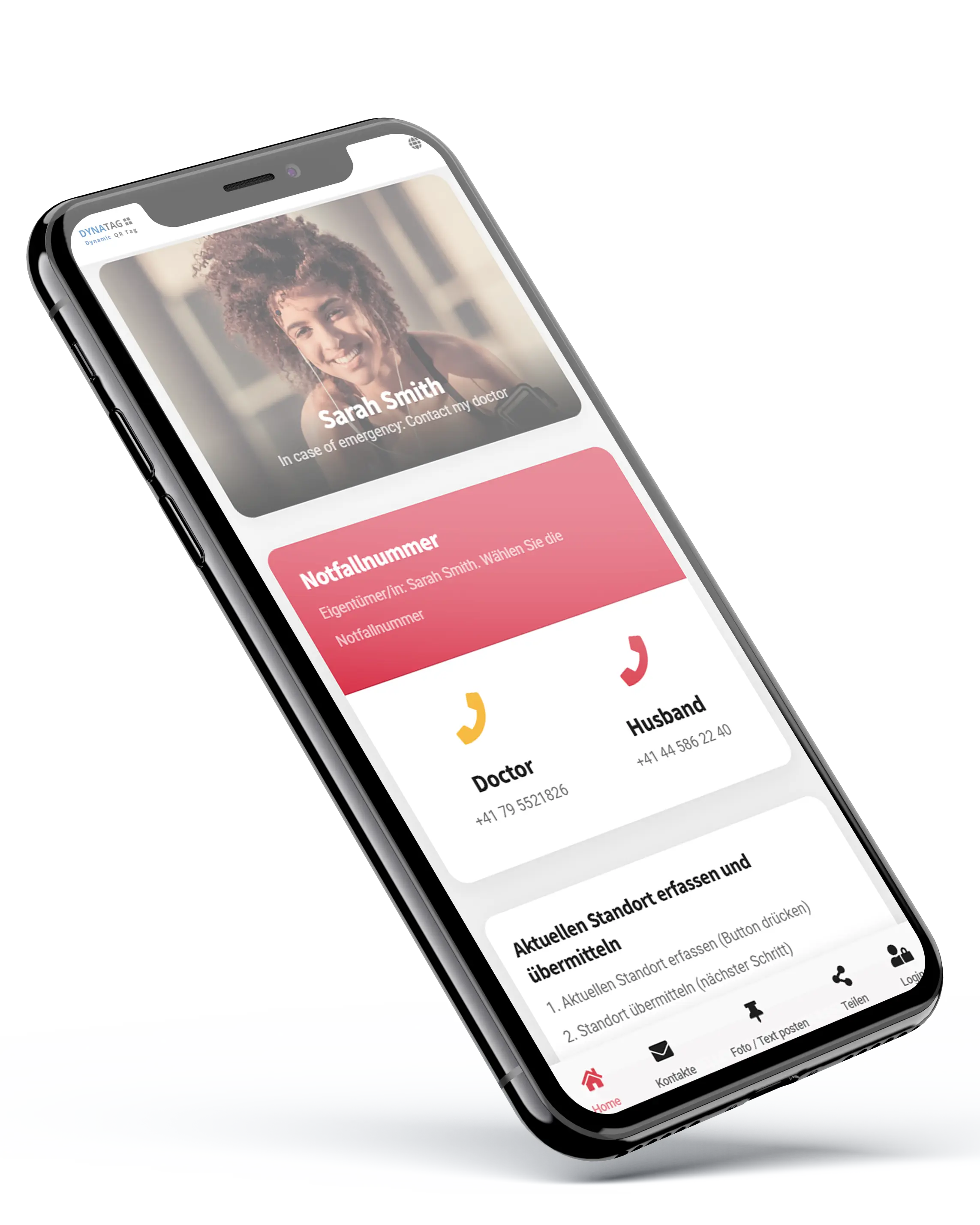 DynaTag SOS WebApp for emergency clip with QR code