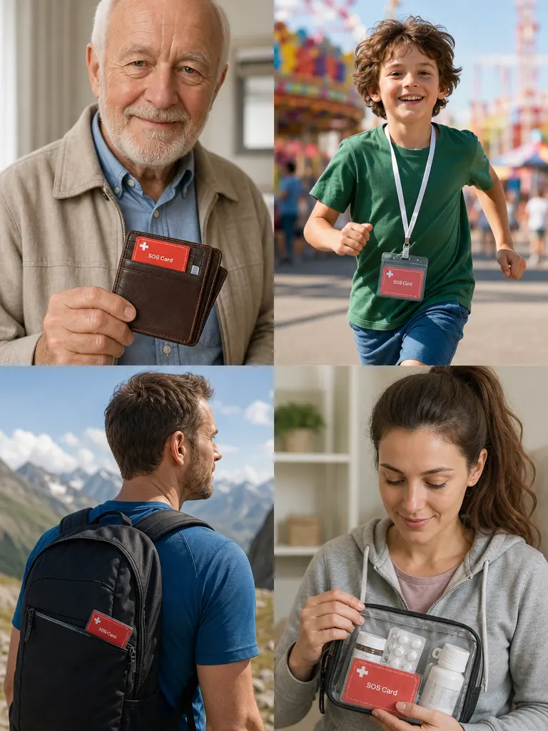 SOS Notfallkarte für Senioren, Reisende, Sportler, Kinder und Menschen mit Erkrankungen
